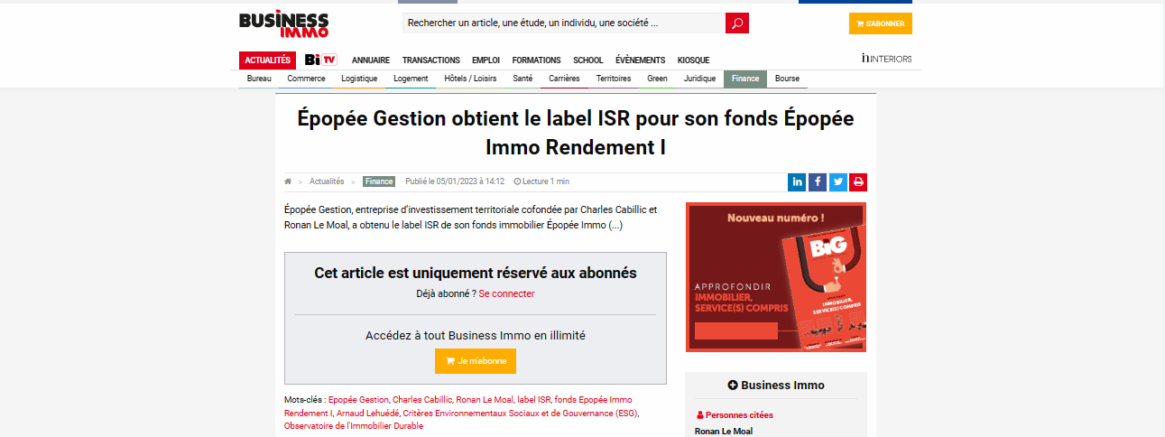 Épopée Gestion obtient le label ISR pour son fonds Épopée Immo